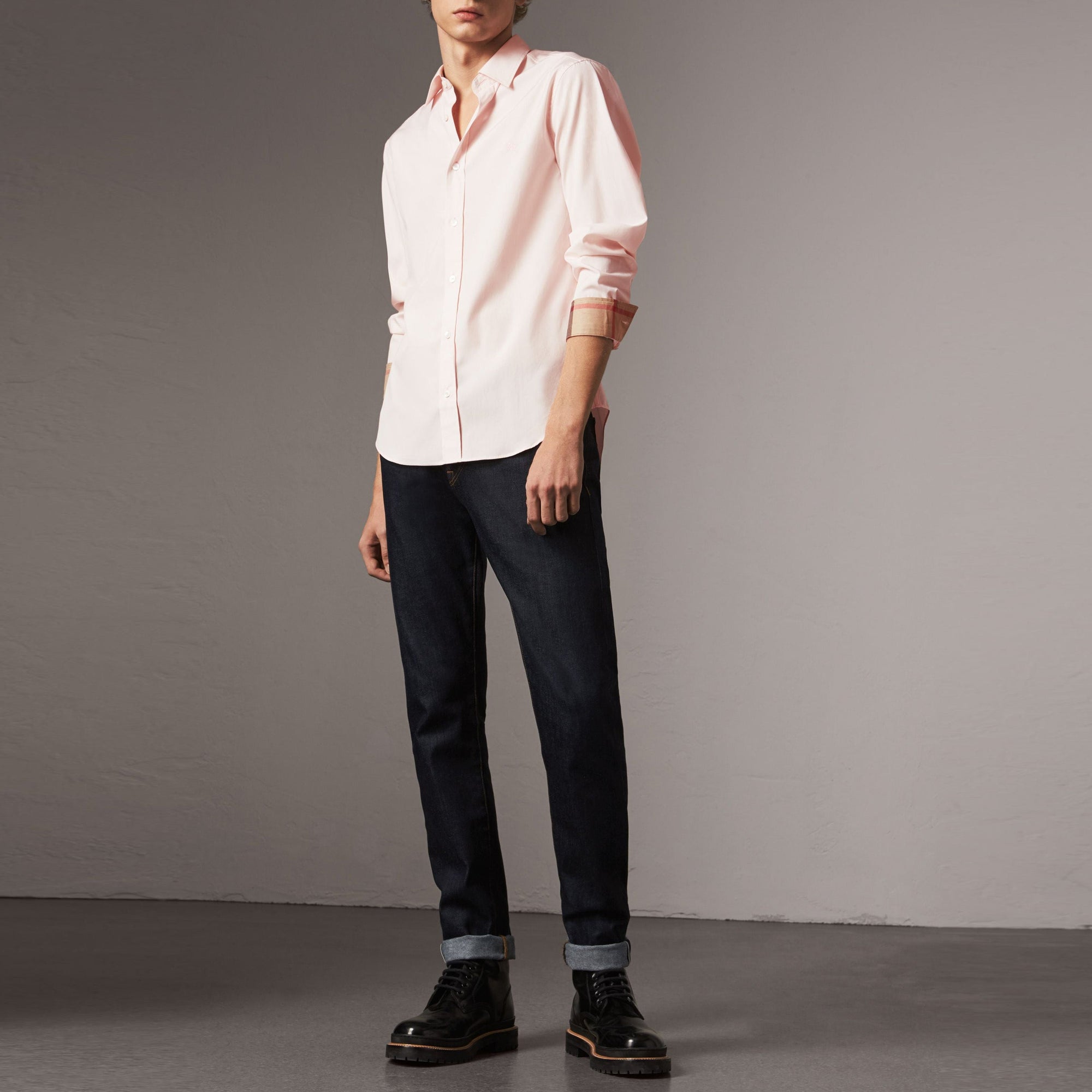 Chemise en popeline de coton extensible avec éléments check - Pale Pink