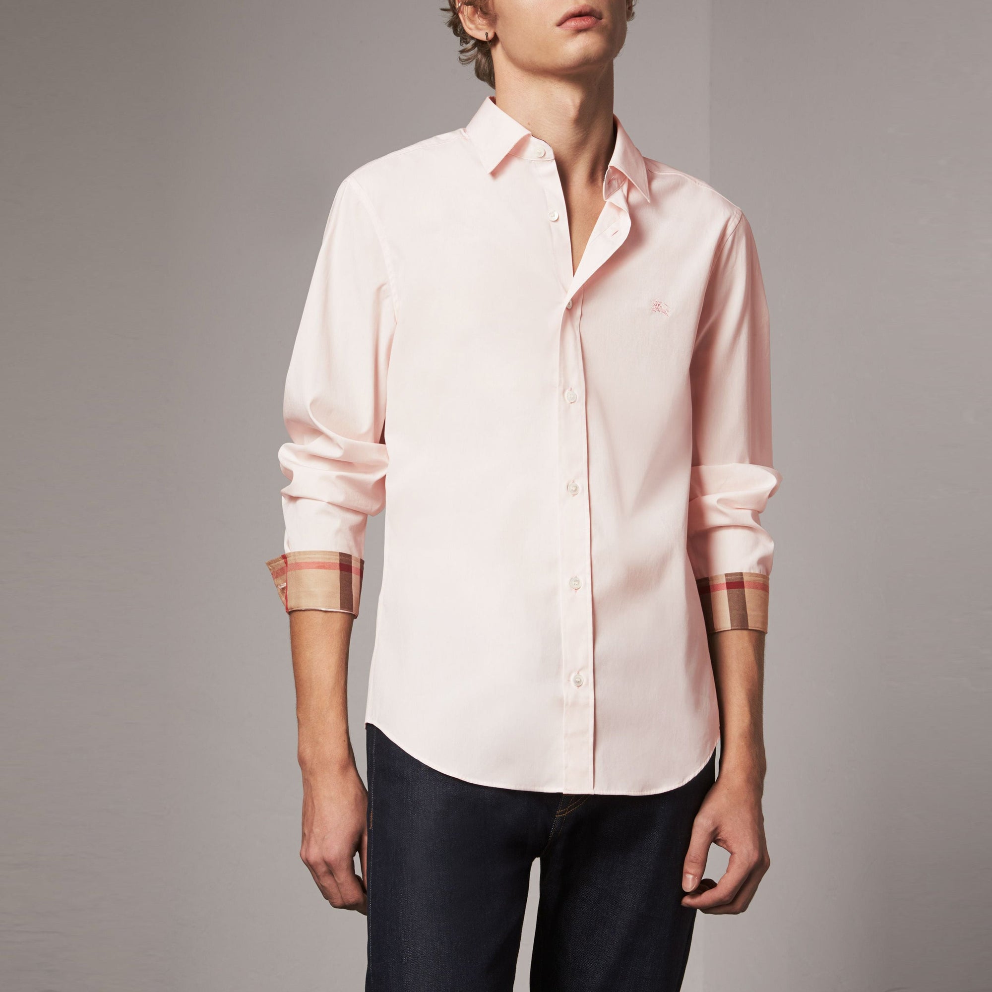 Chemise en popeline de coton extensible avec éléments check - Pale Pink