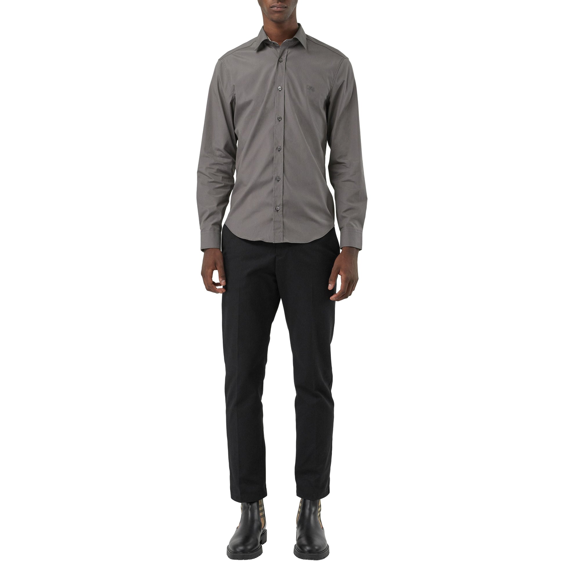 Chemise en popeline de coton extensible avec éléments check - Stone Grey