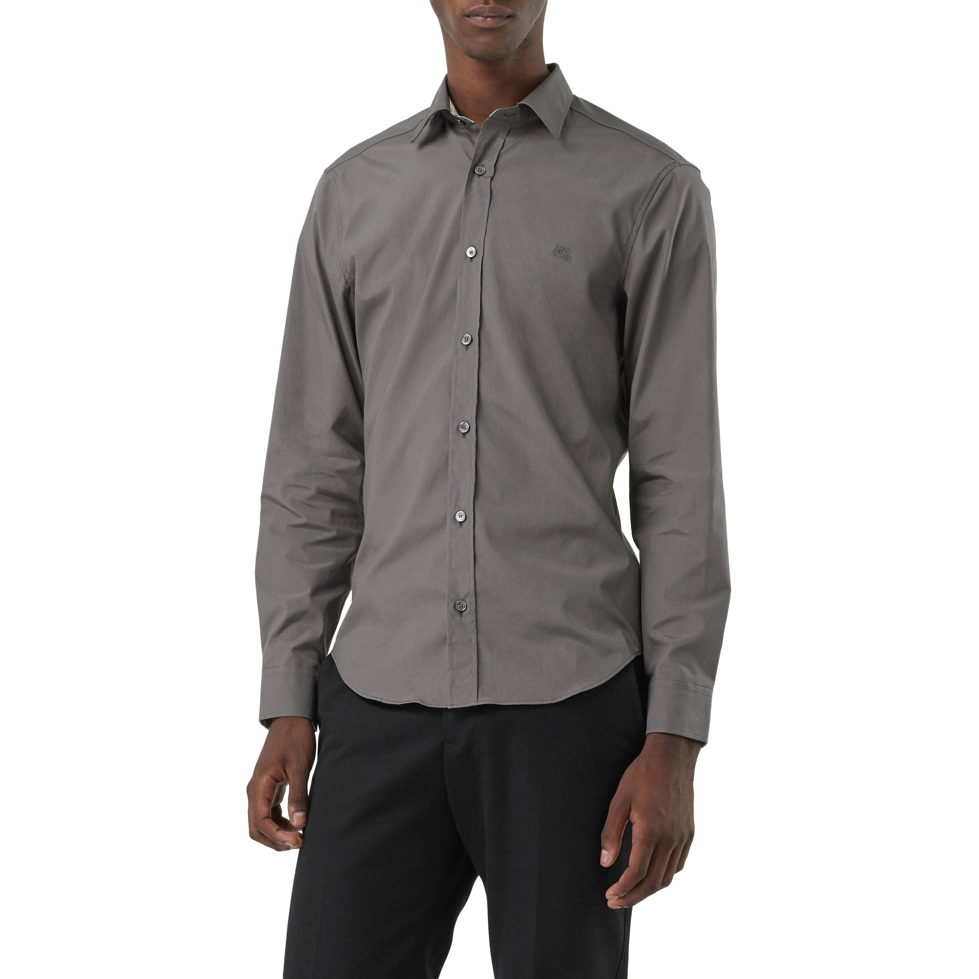 Chemise en popeline de coton extensible avec éléments check - Stone Grey