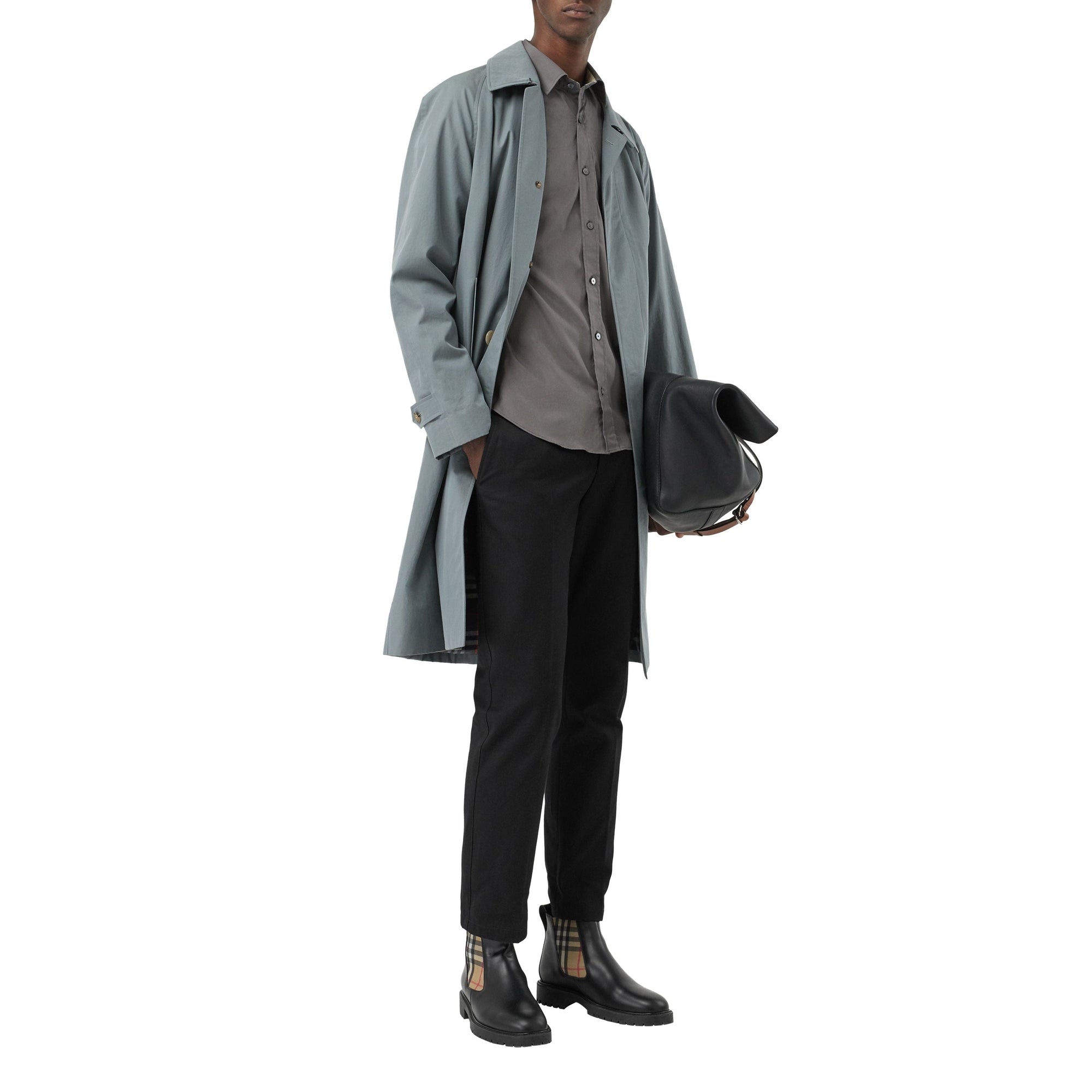 Chemise en popeline de coton extensible avec éléments check - Stone Grey