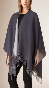 Poncho en laine mérinos à franges - Navy