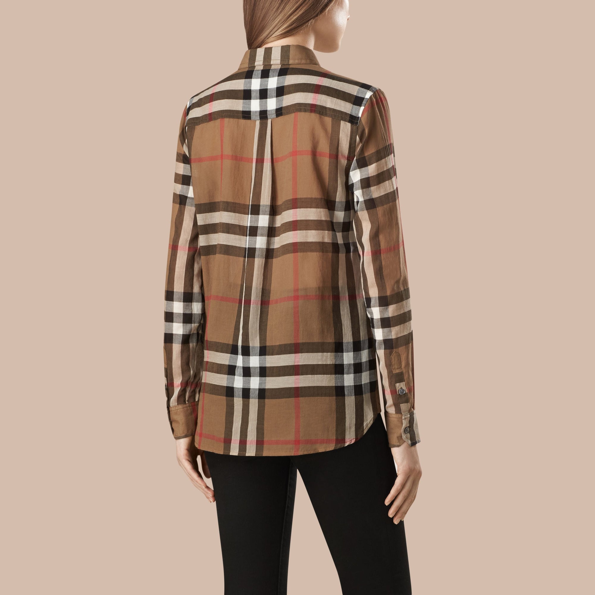 Chemise en coton à motif check avec patte - Taupe Brown