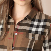 Chemise en coton à motif check avec patte - Taupe Brown