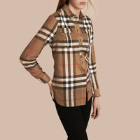 Chemise en coton à motif check avec patte - Taupe Brown