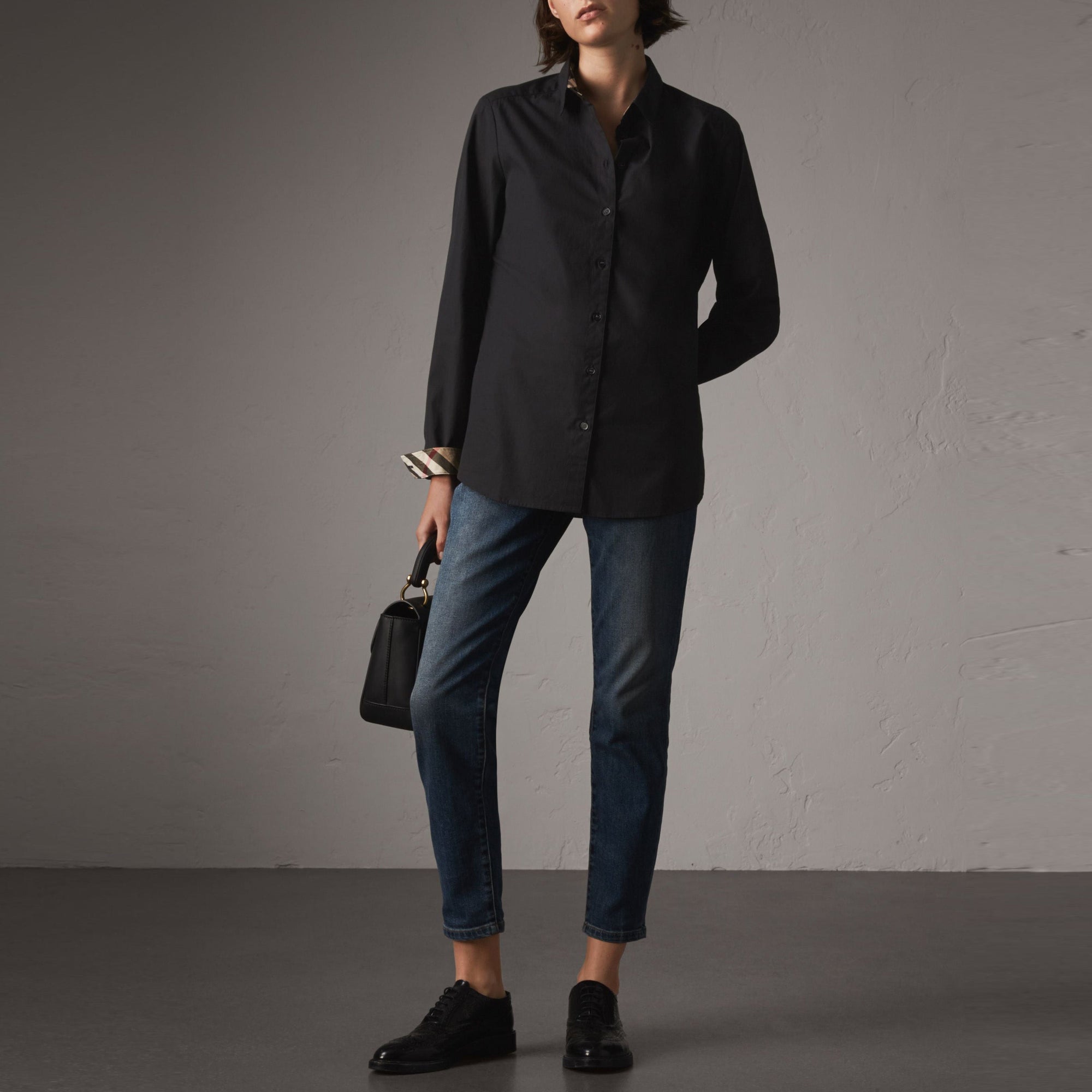 Chemise en coton extensible avec éléments check - Black