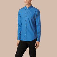 Chemise en popeline de coton extensible avec éléments check - Blue Azure