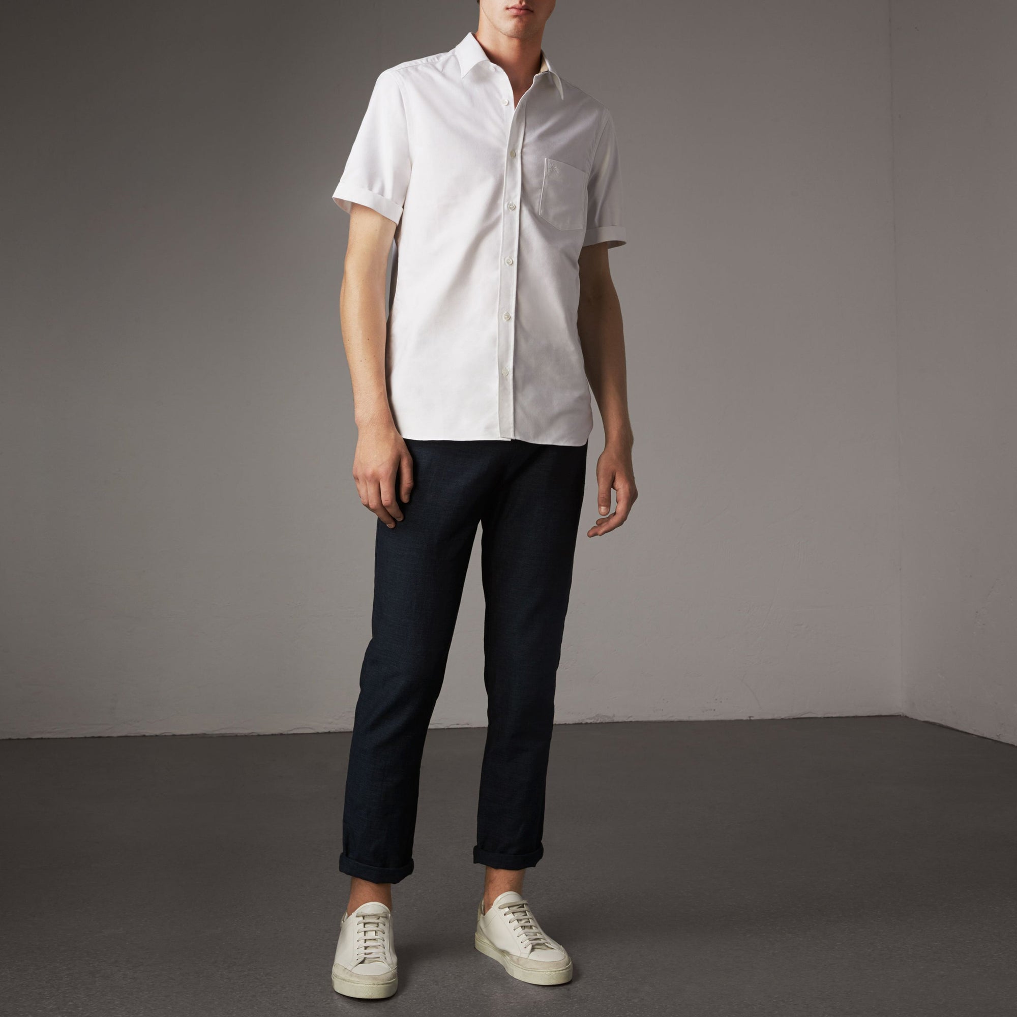 Chemise Oxford en coton à manches courtes et détails check - White