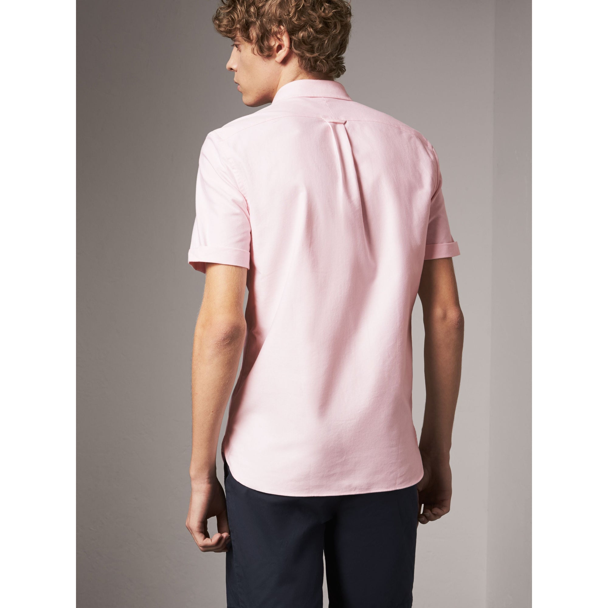 Chemise Oxford en coton à manches courtes et détails check - Pale Pink