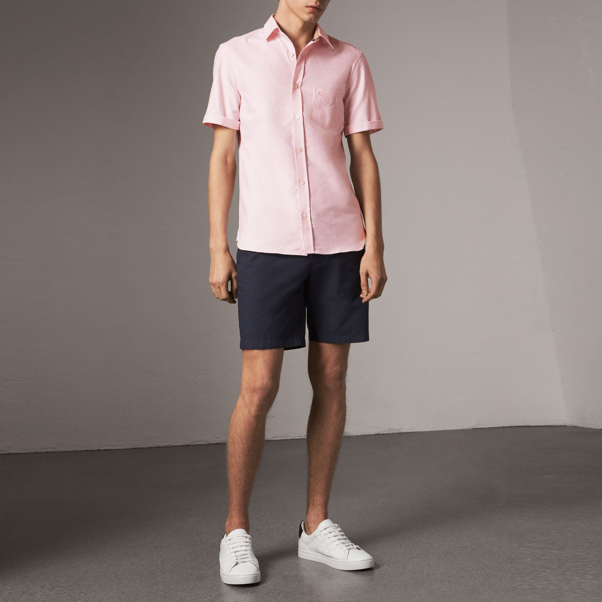 Chemise Oxford en coton à manches courtes et détails check - Pale Pink