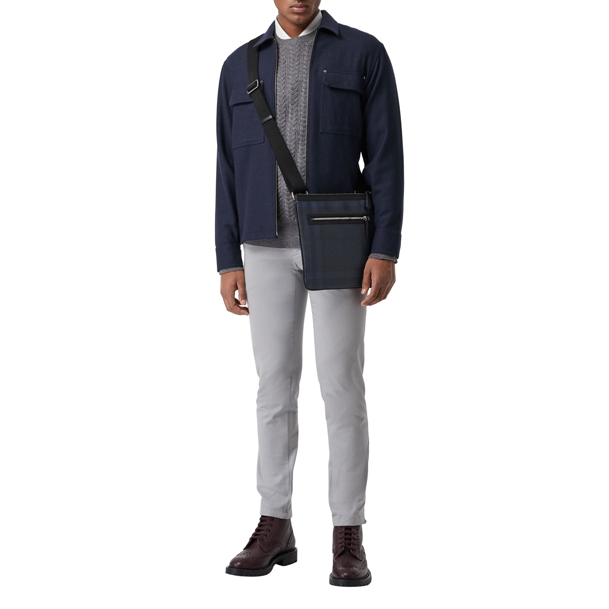Sac à bandoulière à motif Smoked check avec éléments en cuir - Navy & Black