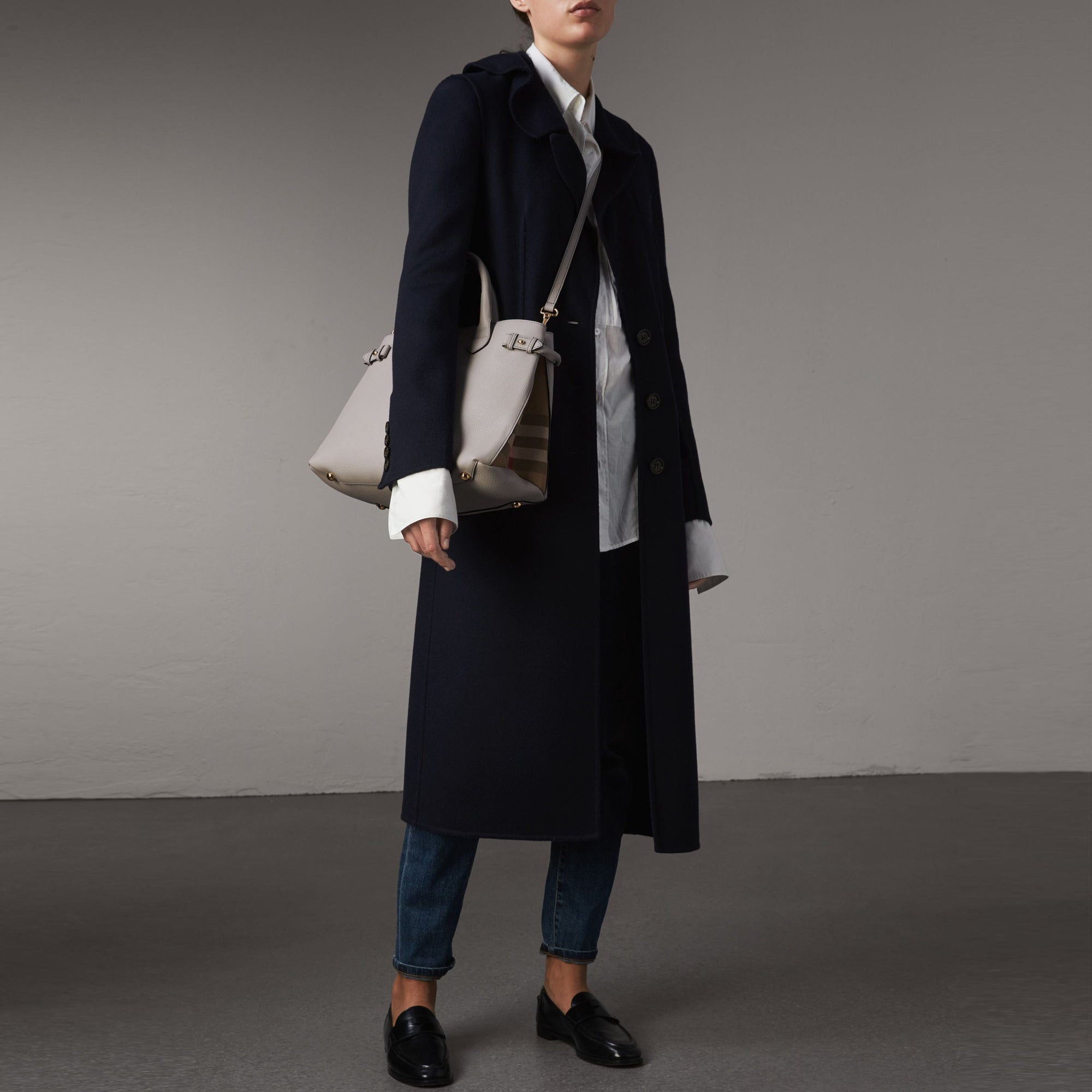 Sac The Banner medium en cuir et coton House check - Light Grey Melange