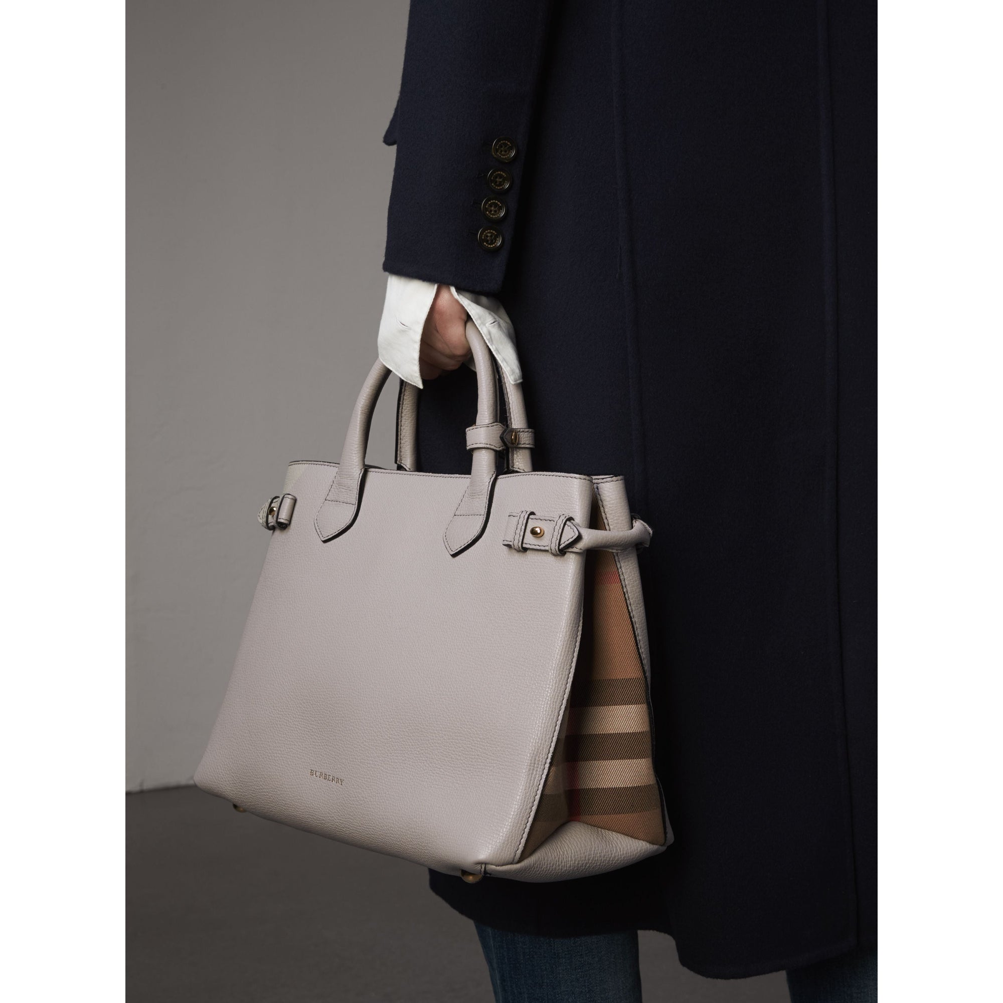 Sac The Banner medium en cuir et coton House check - Light Grey Melange