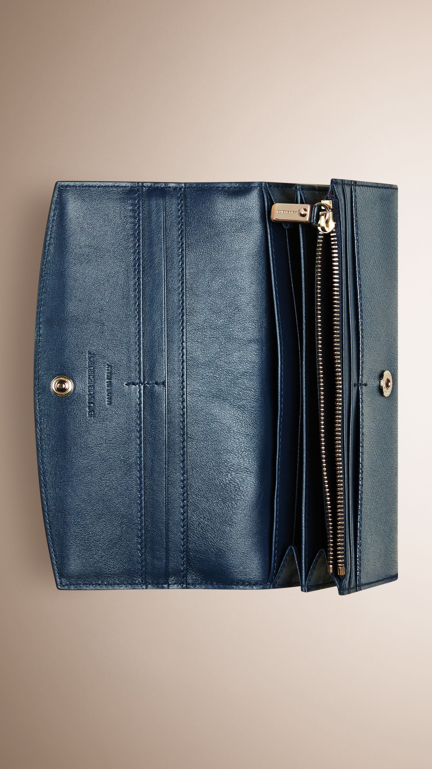 Portefeuille continental en cuir London verni - Blue Carbon