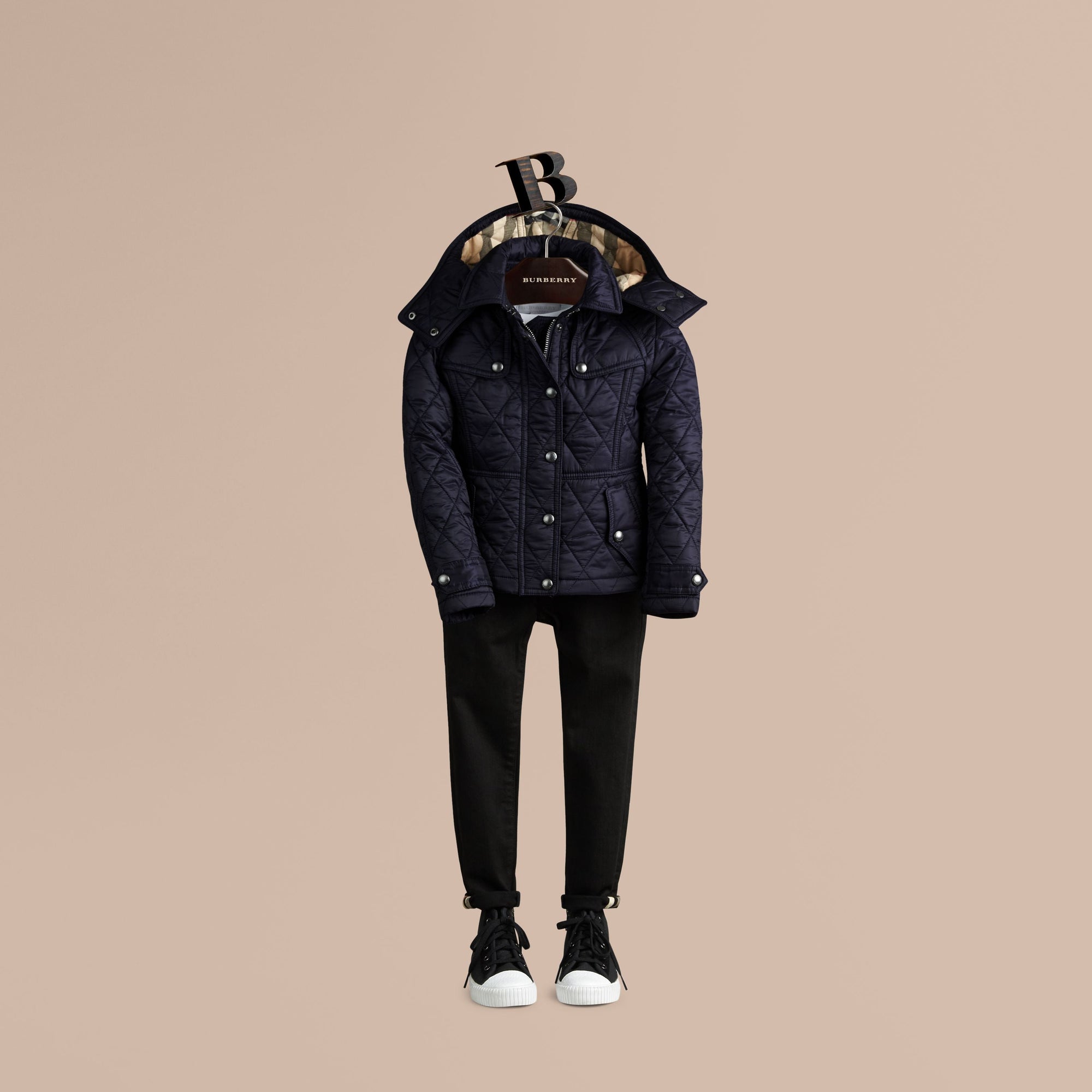Veste matelassée en nylon avec capuche amovible - Military Navy