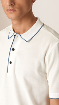 Polo en piqué de coton à bande contrastante - White & Blue Azure