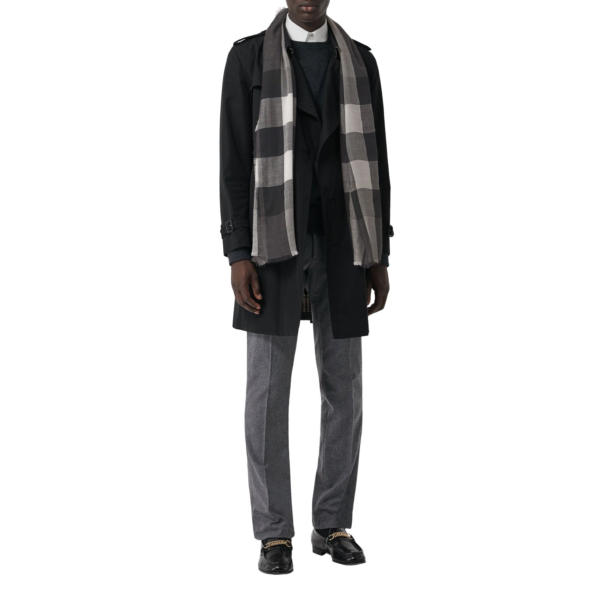 Écharpe légère en cachemire à motif check - Mid Grey