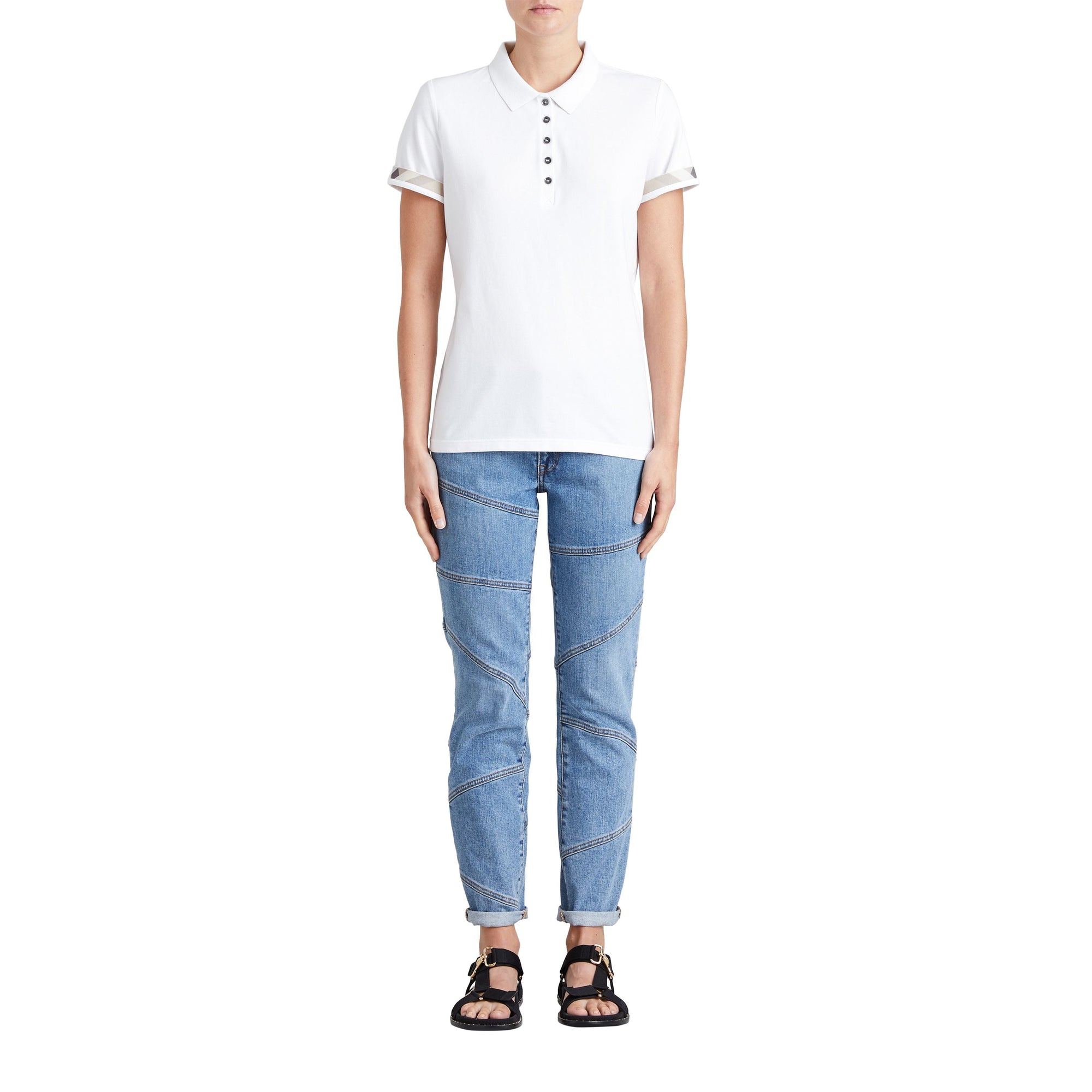 Polo en piqué de coton extensible avec éléments check - White