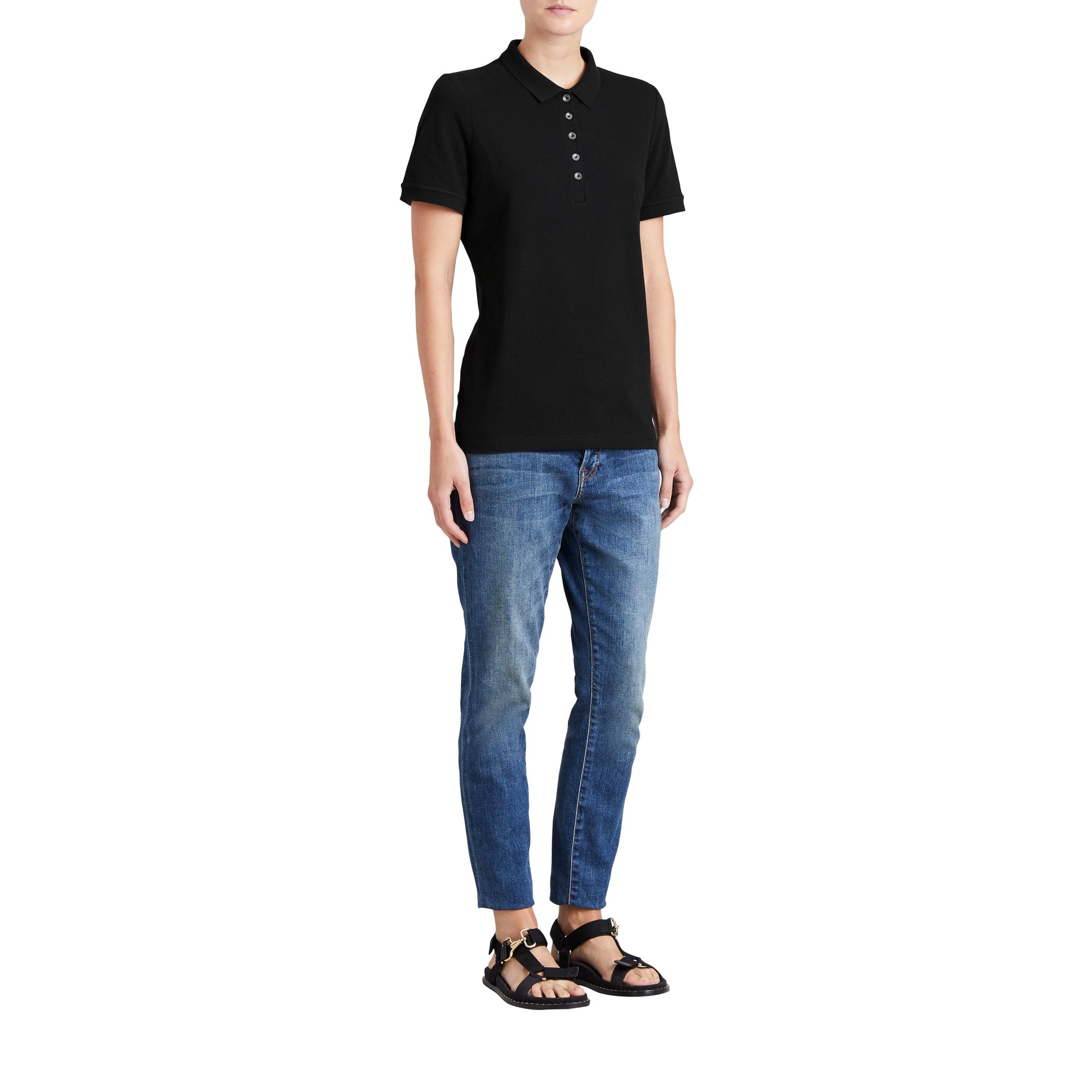 Polo en piqué de coton extensible avec éléments check - Black