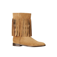 Bottes en cuir velours à empiècement check et franges - Sandstone