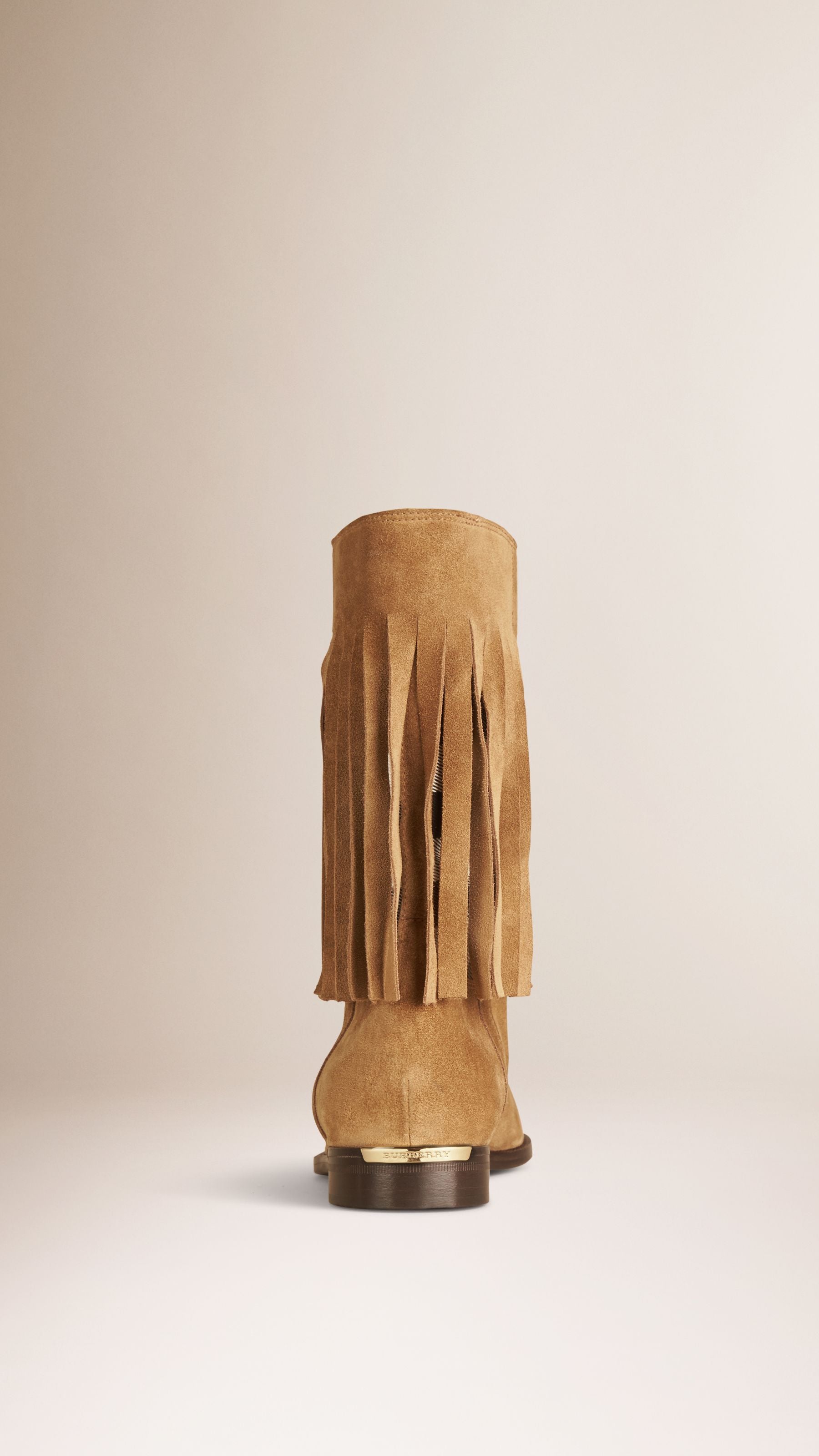 Bottes en cuir velours à empiècement check et franges - Sandstone