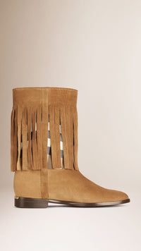 Bottes en cuir velours à empiècement check et franges - Sandstone