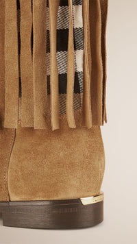 Bottes en cuir velours à empiècement check et franges - Sandstone