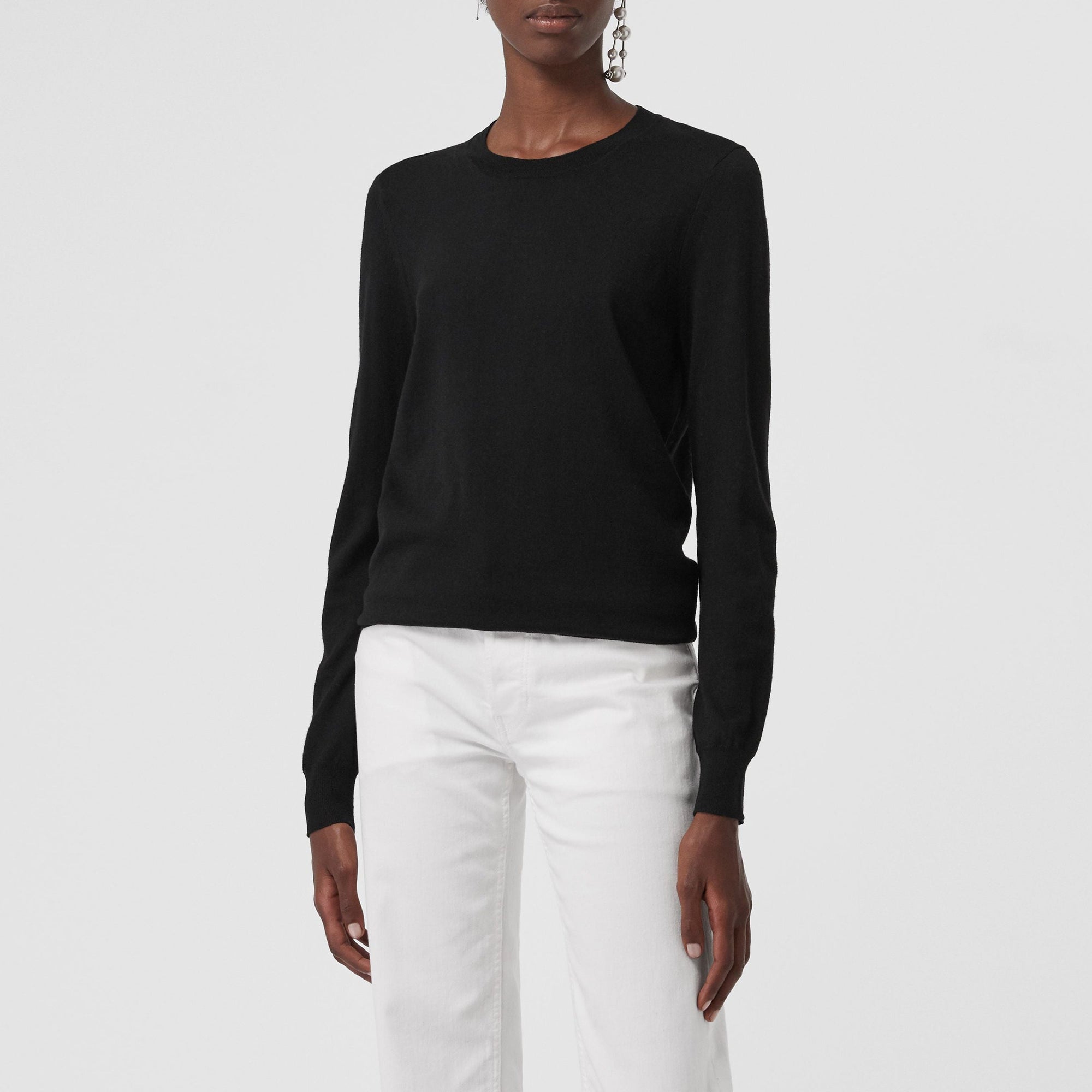 Pull à col ras du cou en laine mérinos avec ornements check - Black