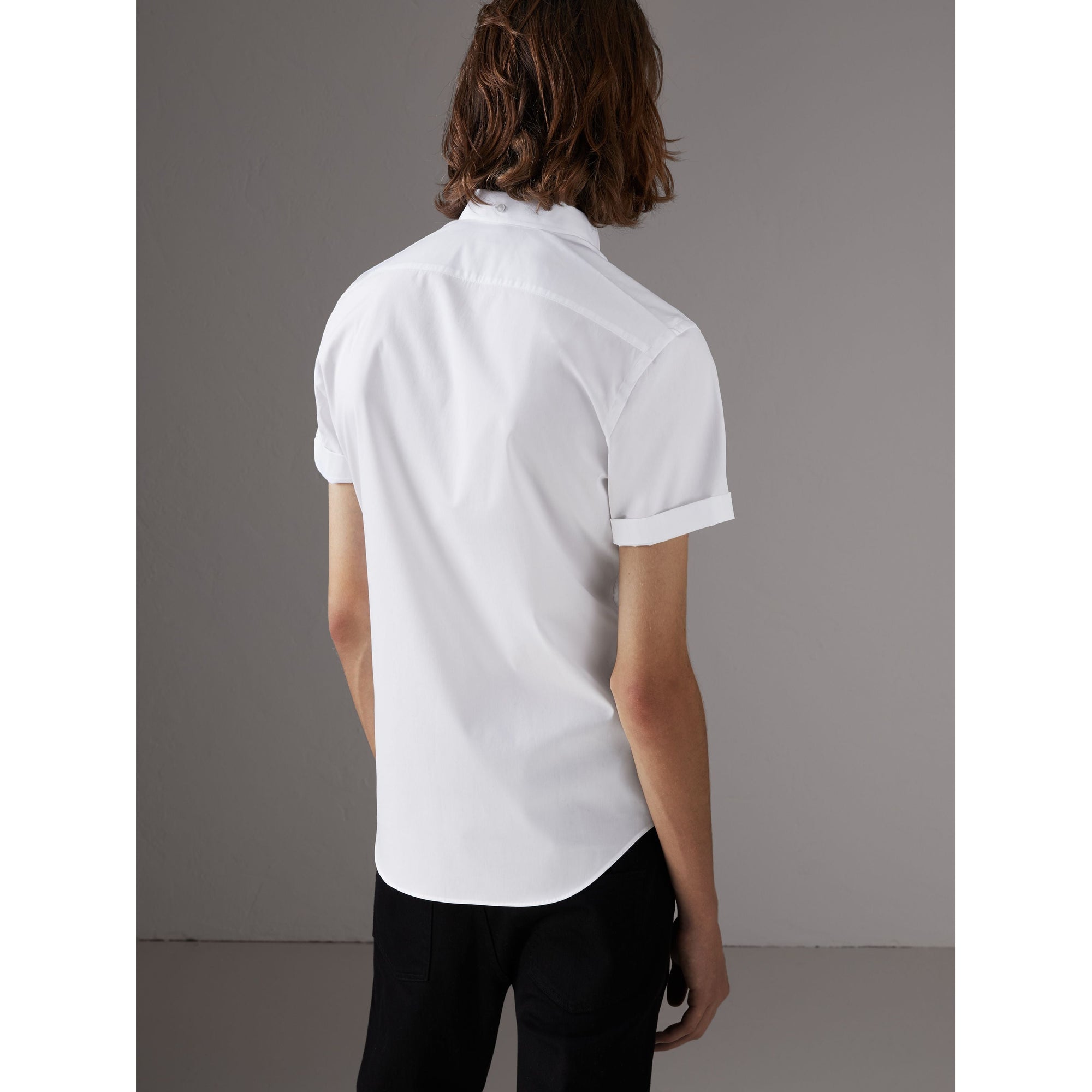 Chemise à manches courtes en popeline de coton extensible - White