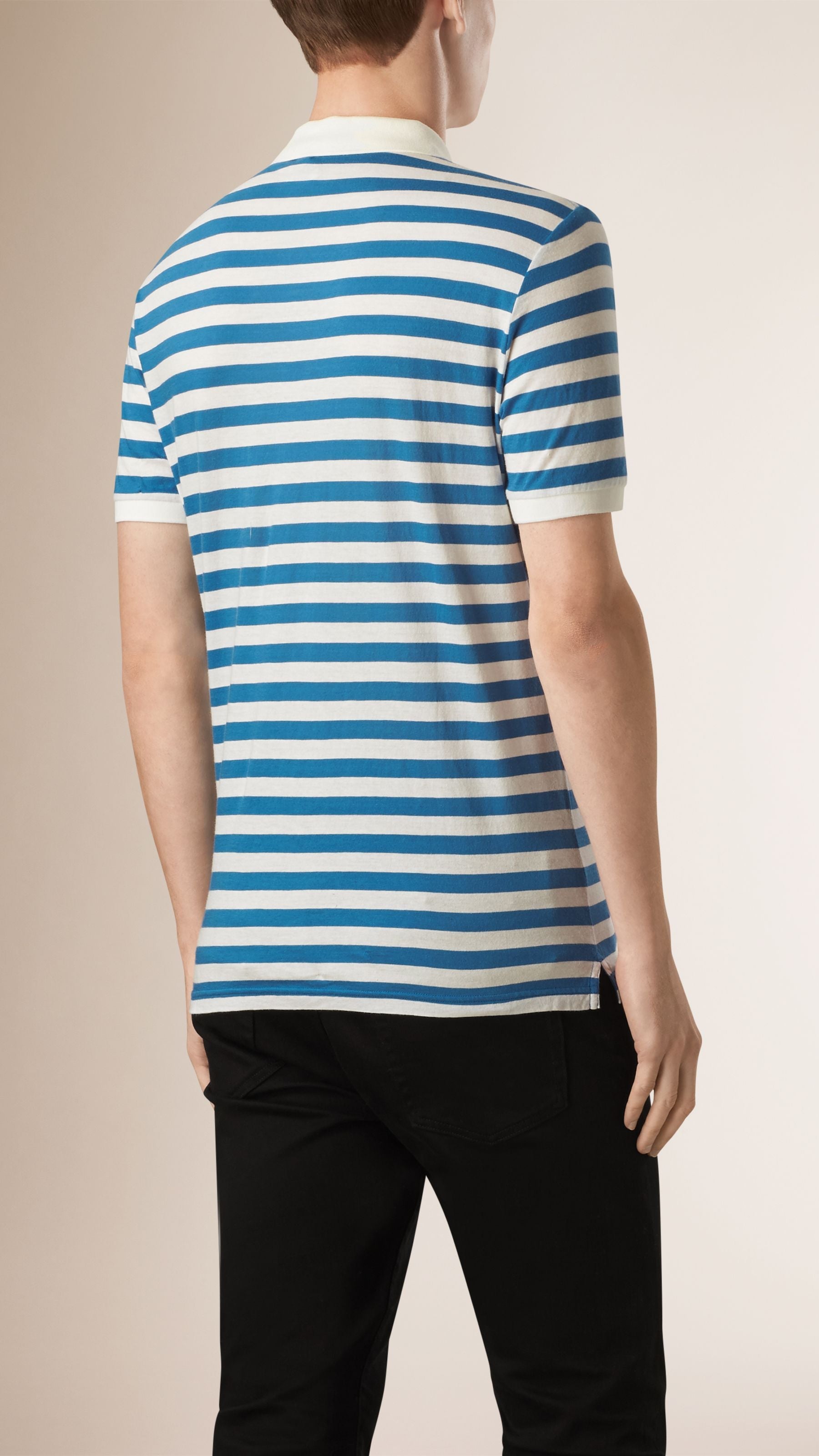 Polo en coton rayé - Blue Azure & White