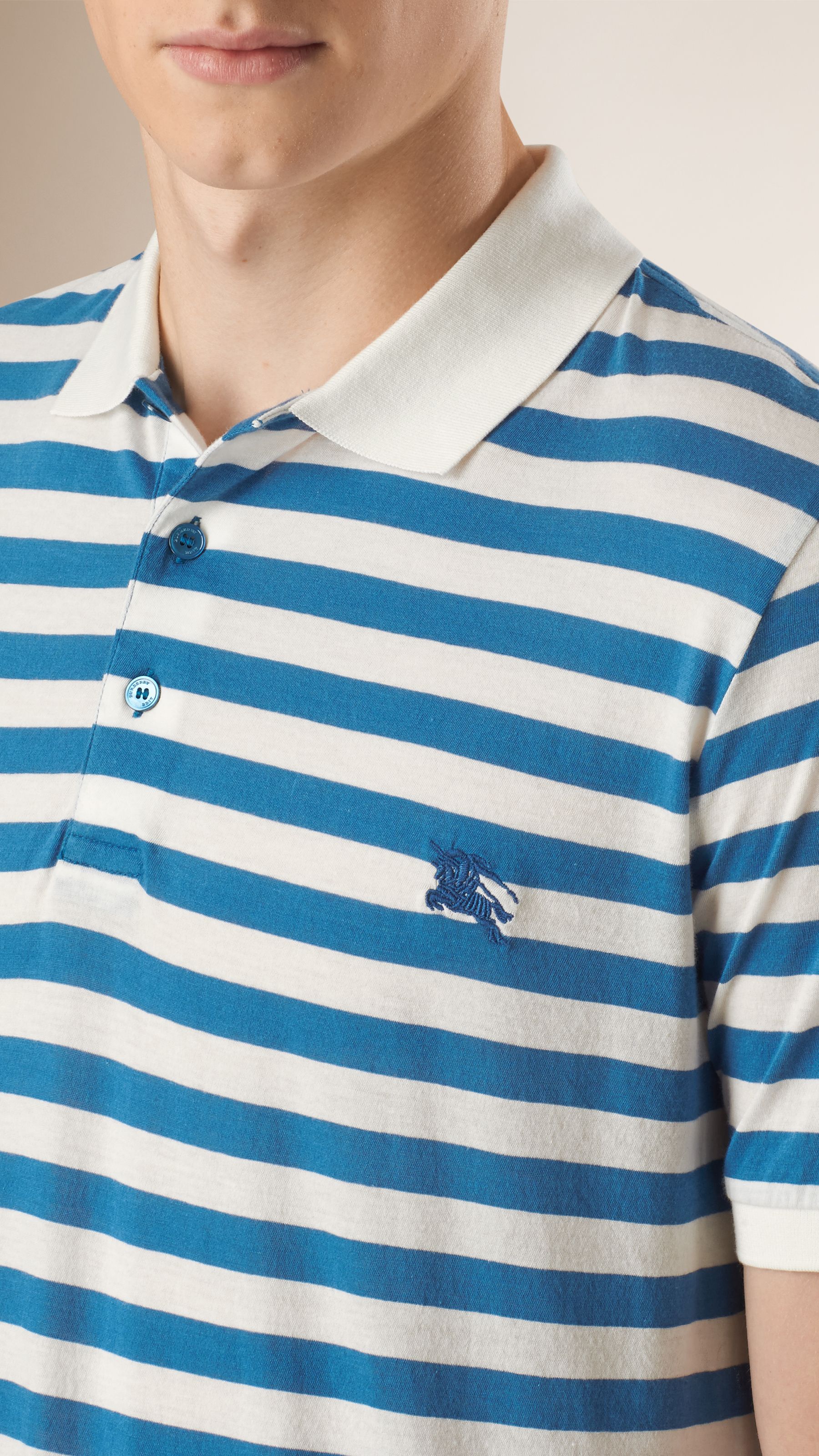 Polo en coton rayé - Blue Azure & White