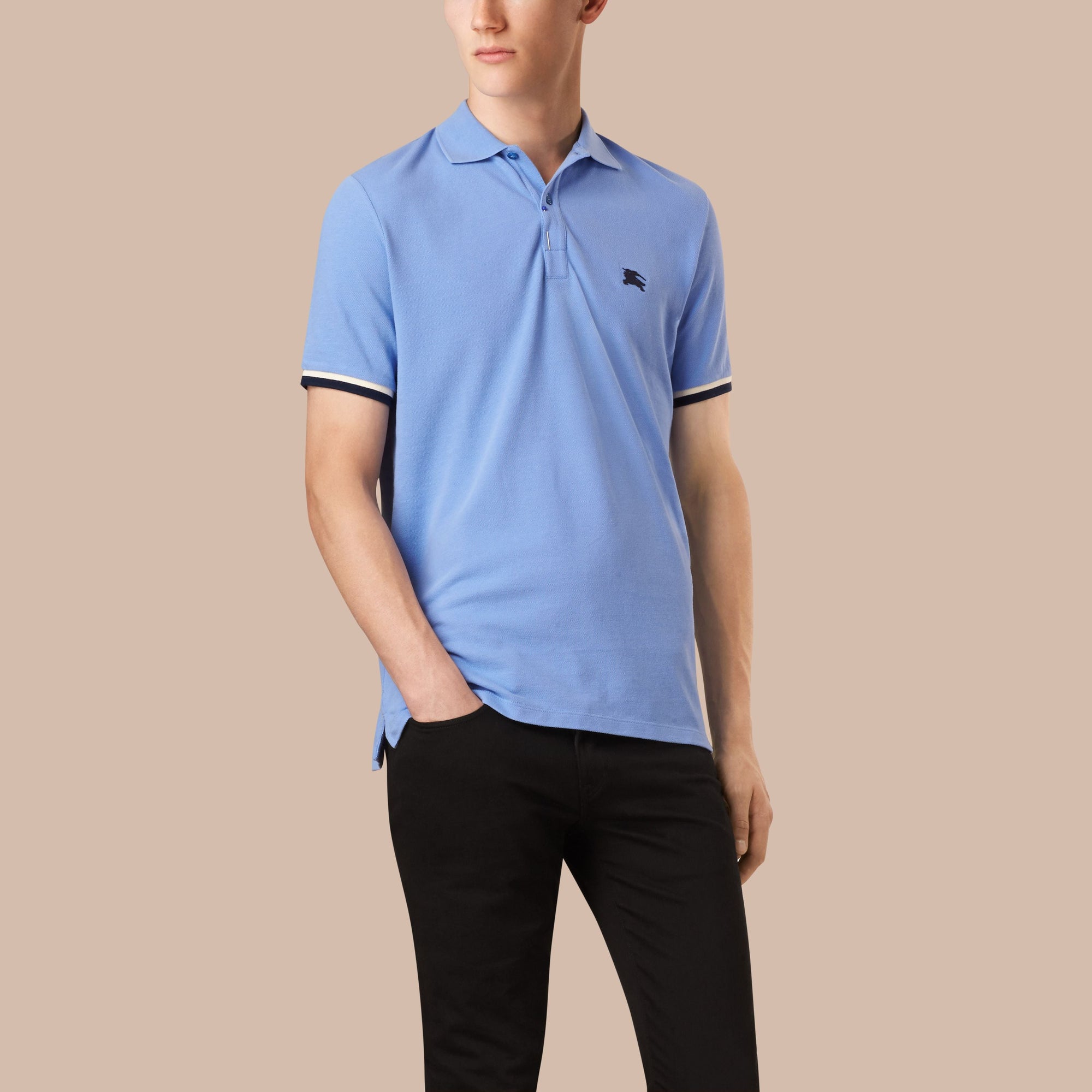 Polo en piqué de coton avec revers de manche contrastants - Hydrangea Blue