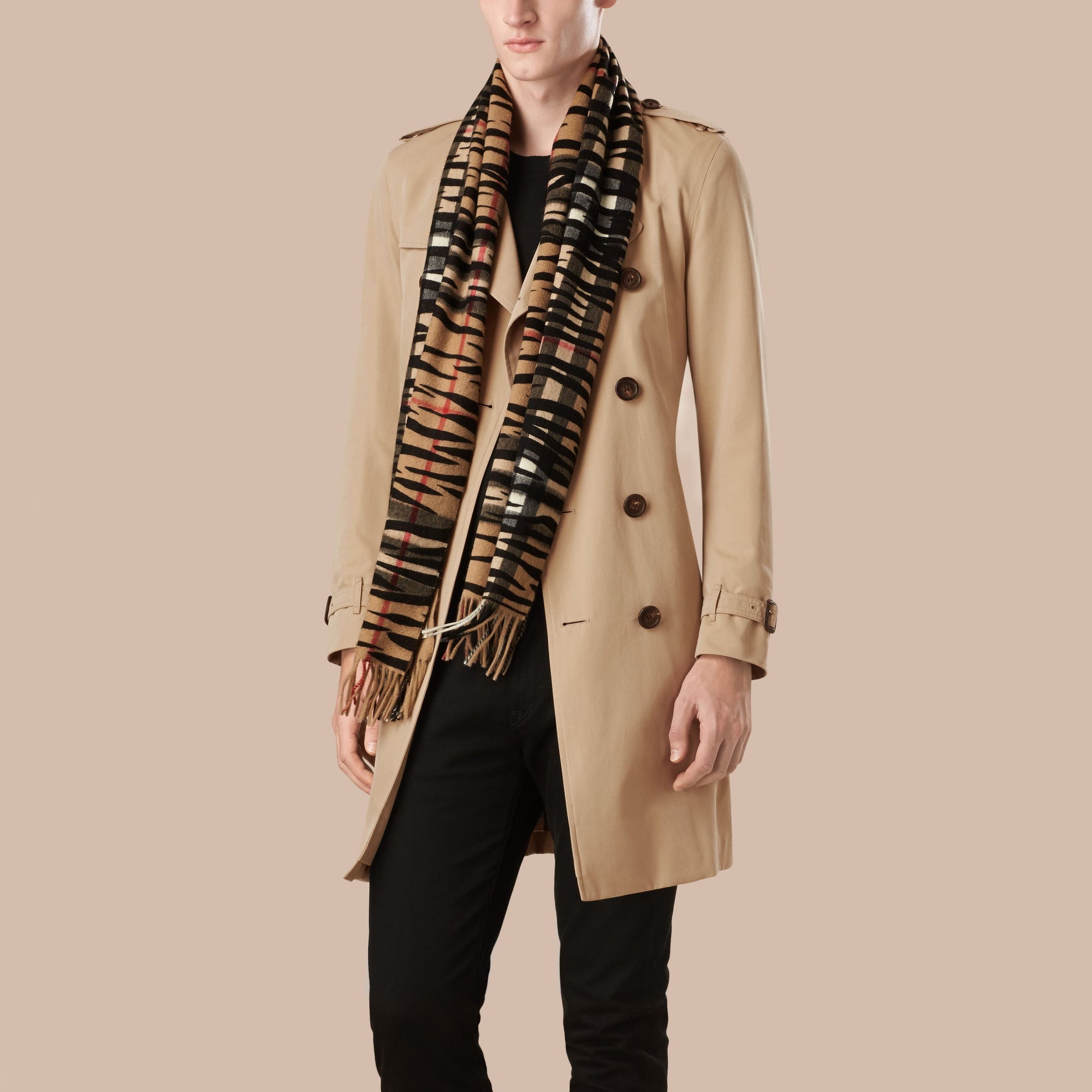 Écharpe en cachemire à imprimé zébré et motif check - Camel & Black