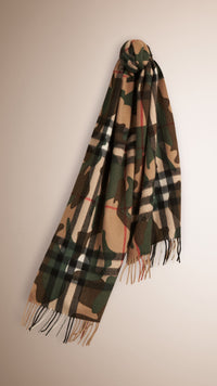 Écharpe en cachemire à motif check et imprimé camouflage - Pine Green
