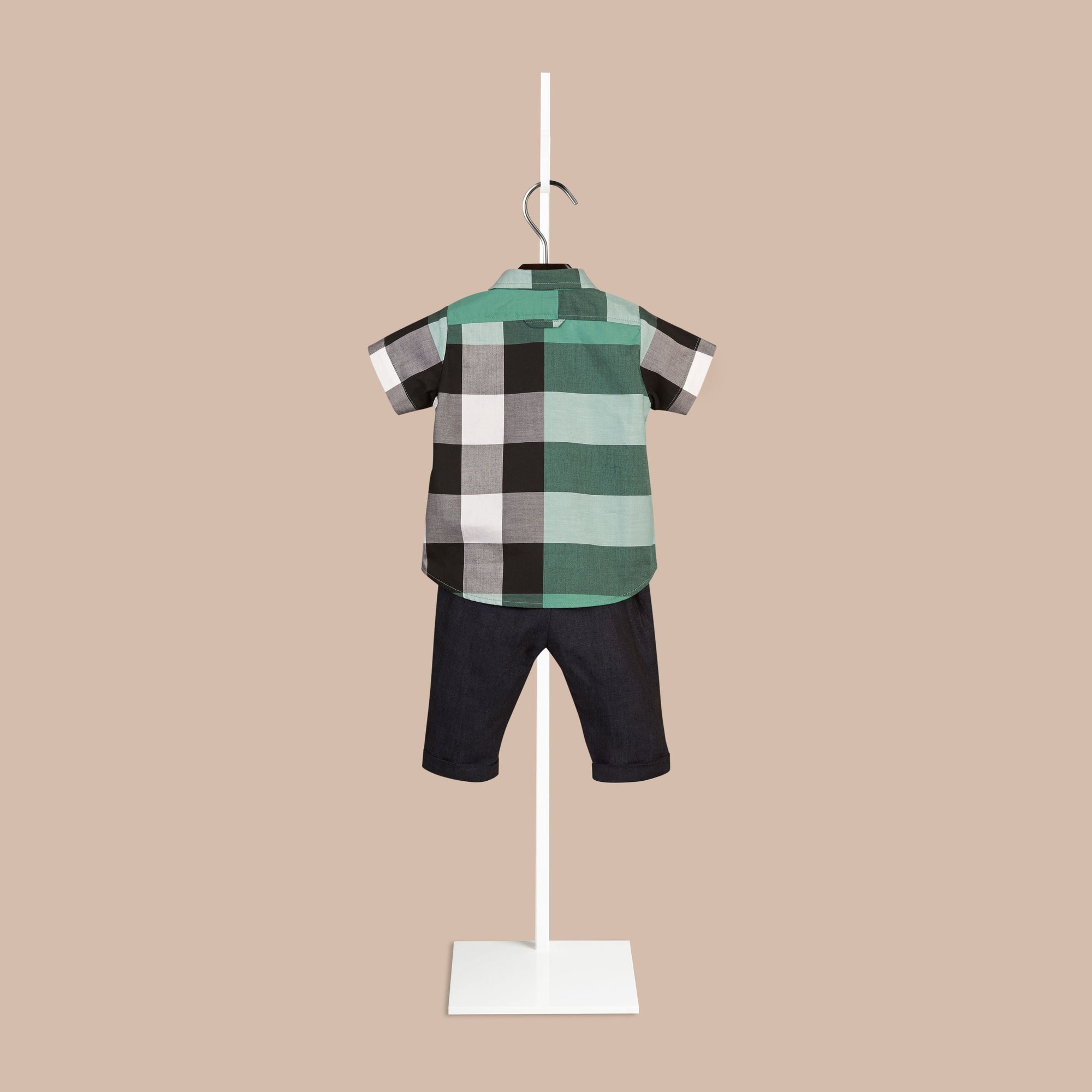 Chemise en coton à manches courtes avec motif check - Aqua Green