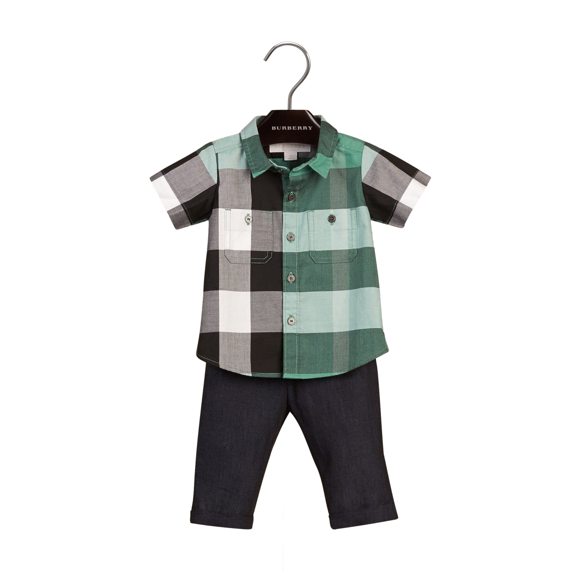 Chemise en coton à manches courtes avec motif check - Aqua Green