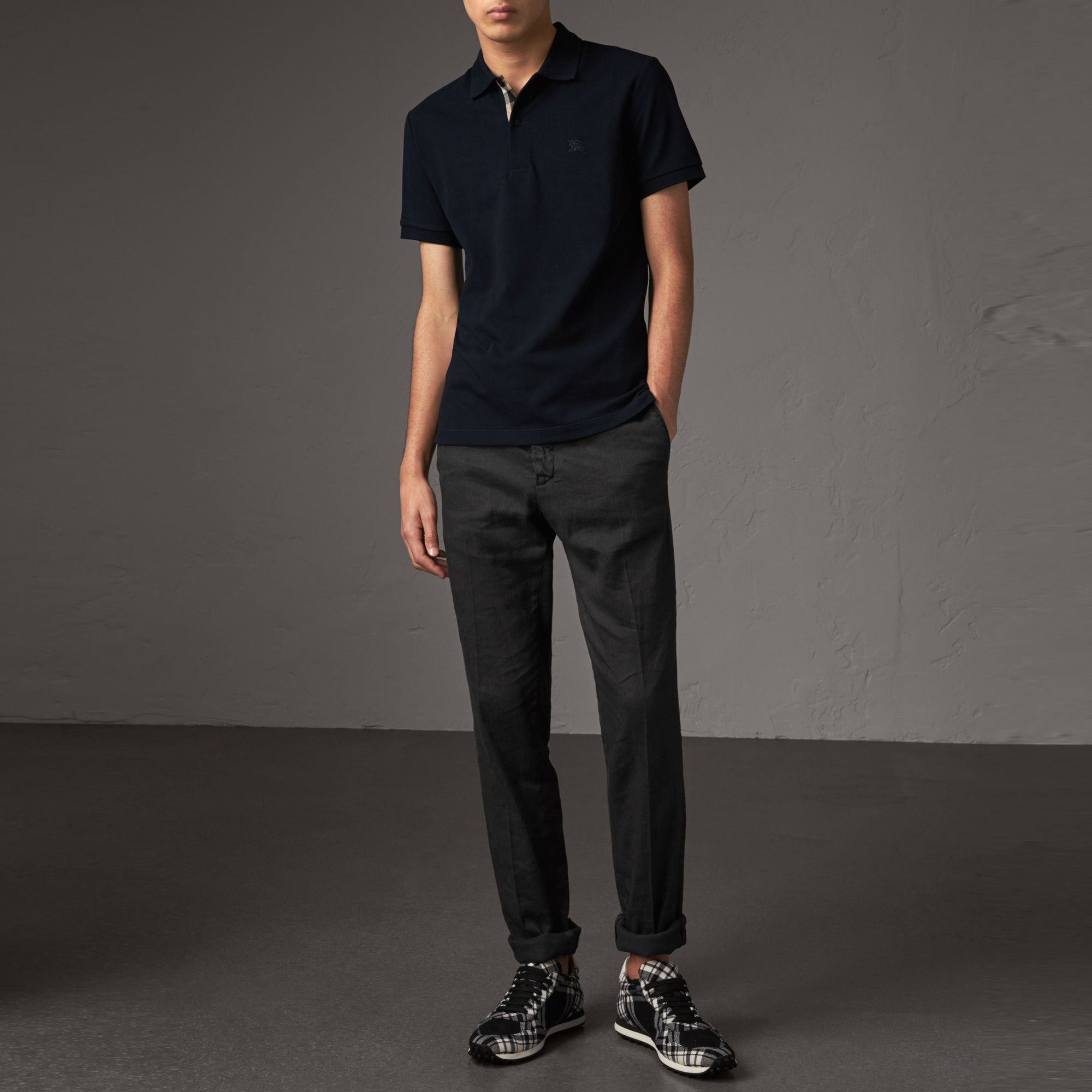 Polo en piqué de coton avec patte à motif check - Dark Navy
