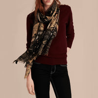 Écharpe imprimé patchwork en laine & soie - Camel & Black