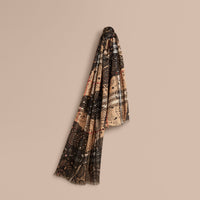 Écharpe imprimé patchwork en laine & soie - Camel & Black
