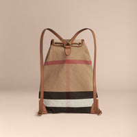 Sac à dos en tissu Canvas Check avec éléments en cuir - Tan