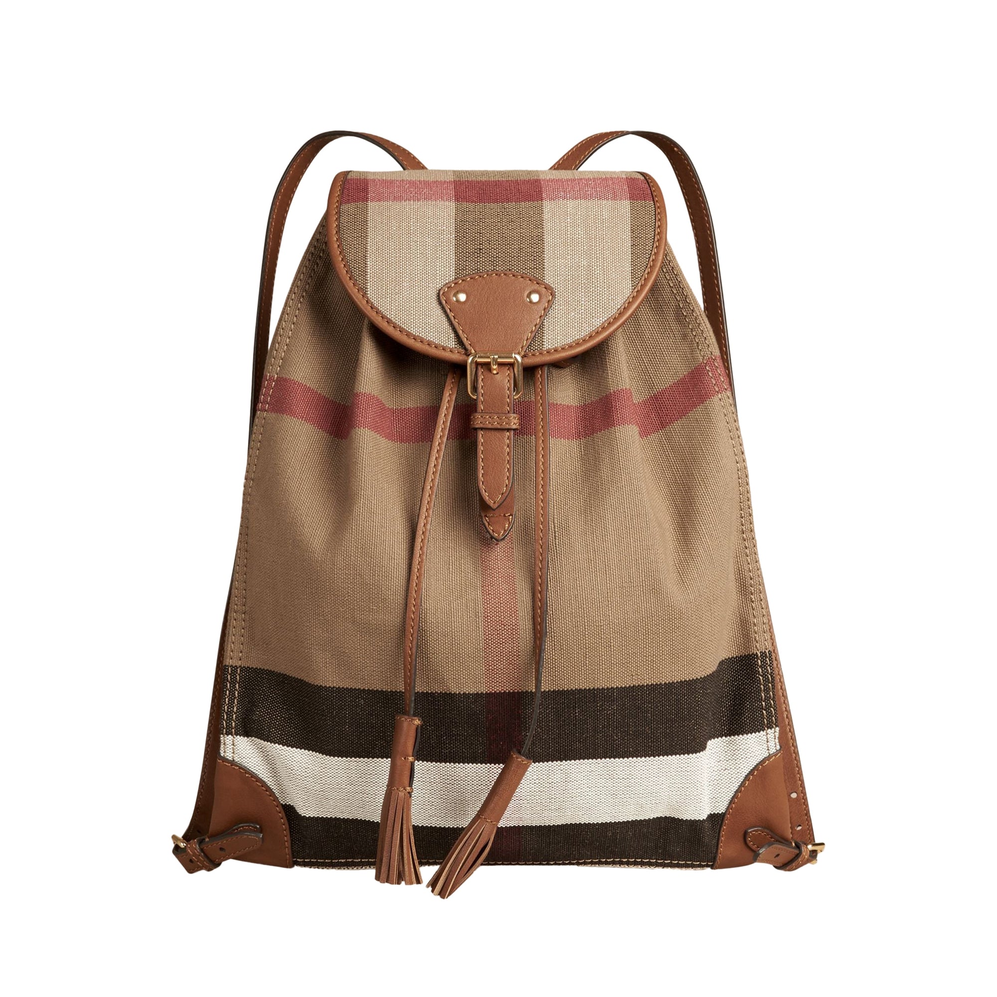 Sac à dos en tissu Canvas Check avec éléments en cuir - Tan