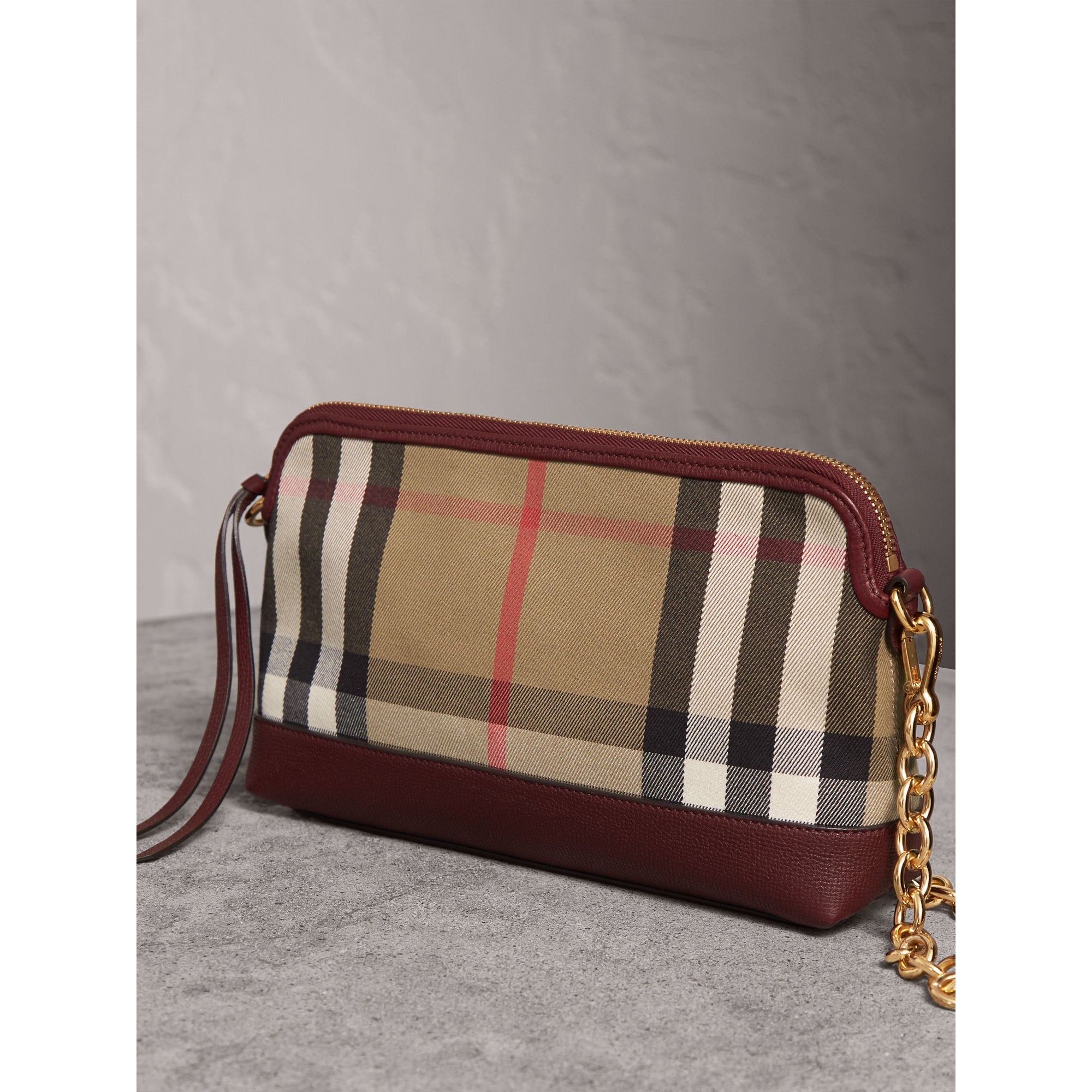 Clutch en coton House check et cuir - Mahogany Red