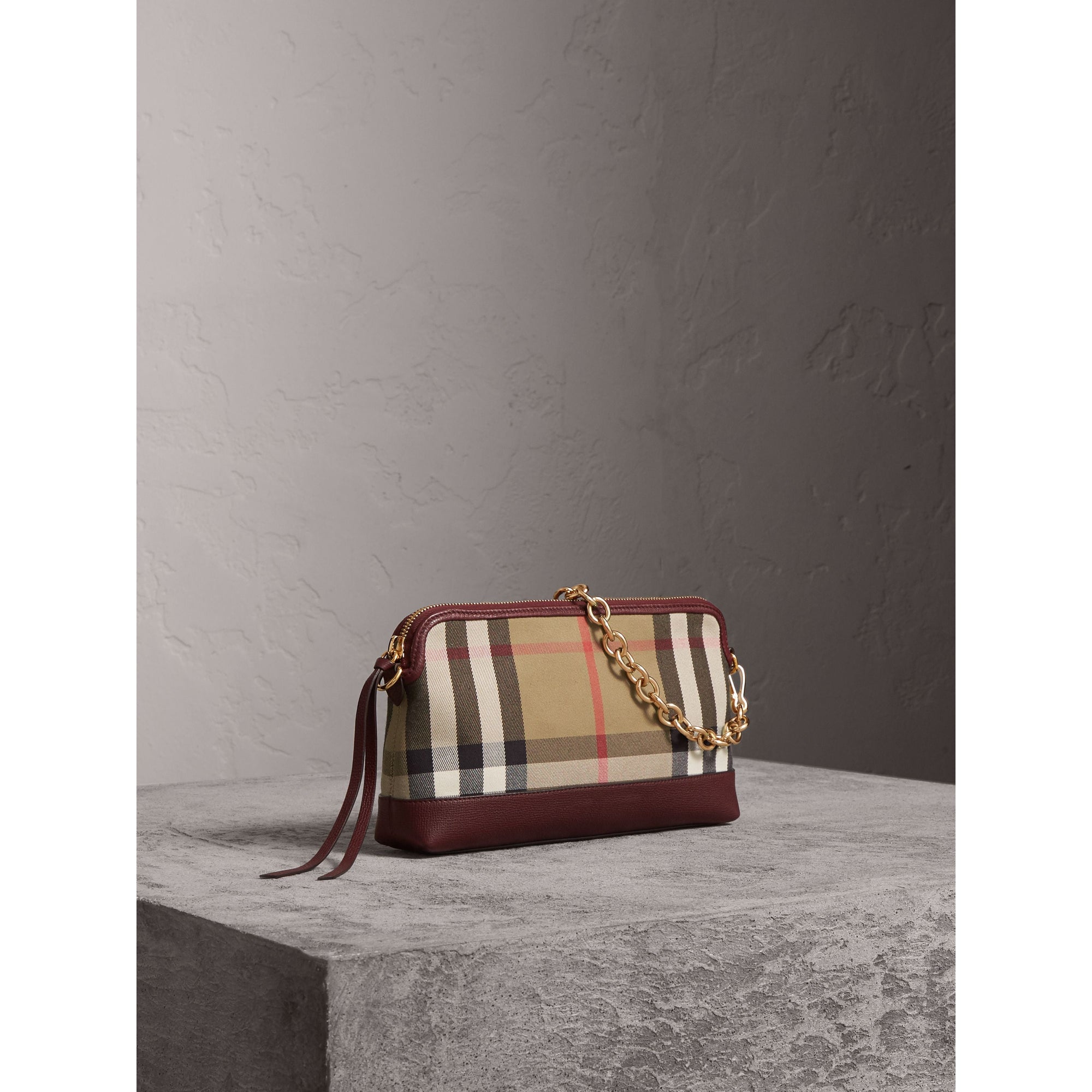Clutch en coton House check et cuir - Mahogany Red