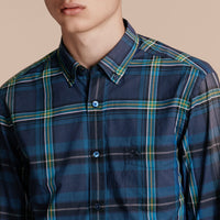 Chemise en coton à motif check avec col boutonné - Indigo