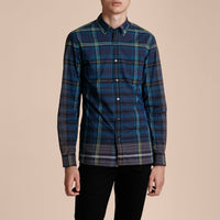 Chemise en coton à motif check avec col boutonné - Indigo