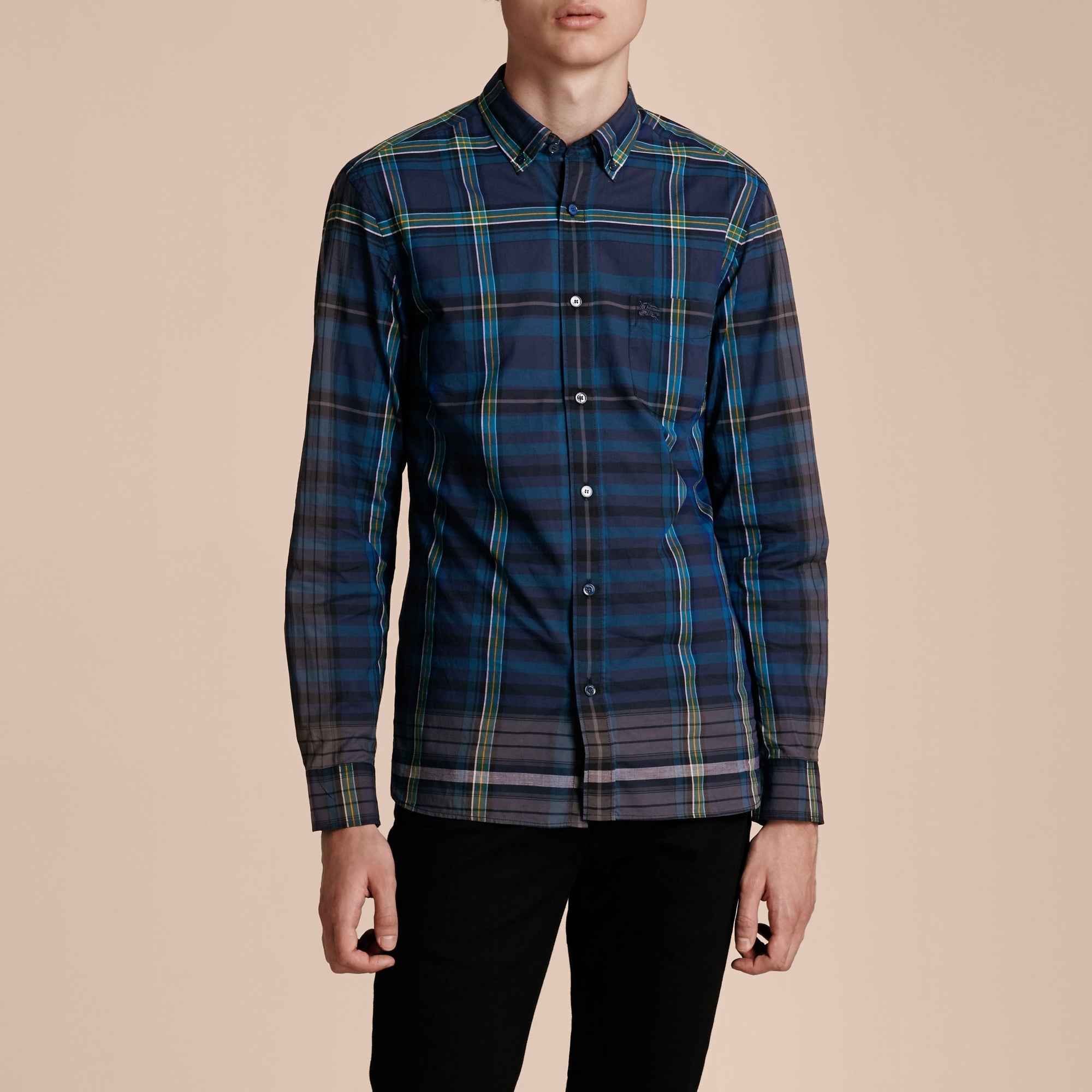 Chemise en coton à motif check avec col boutonné - Indigo