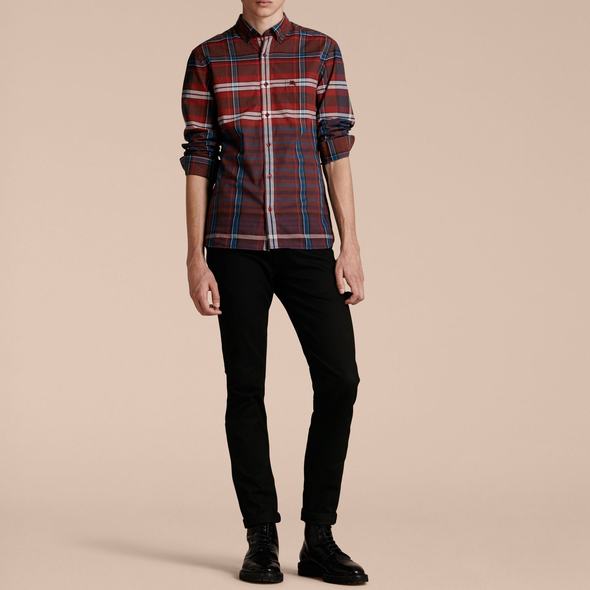 Chemise en coton à motif check avec col boutonné - Burgundy Red
