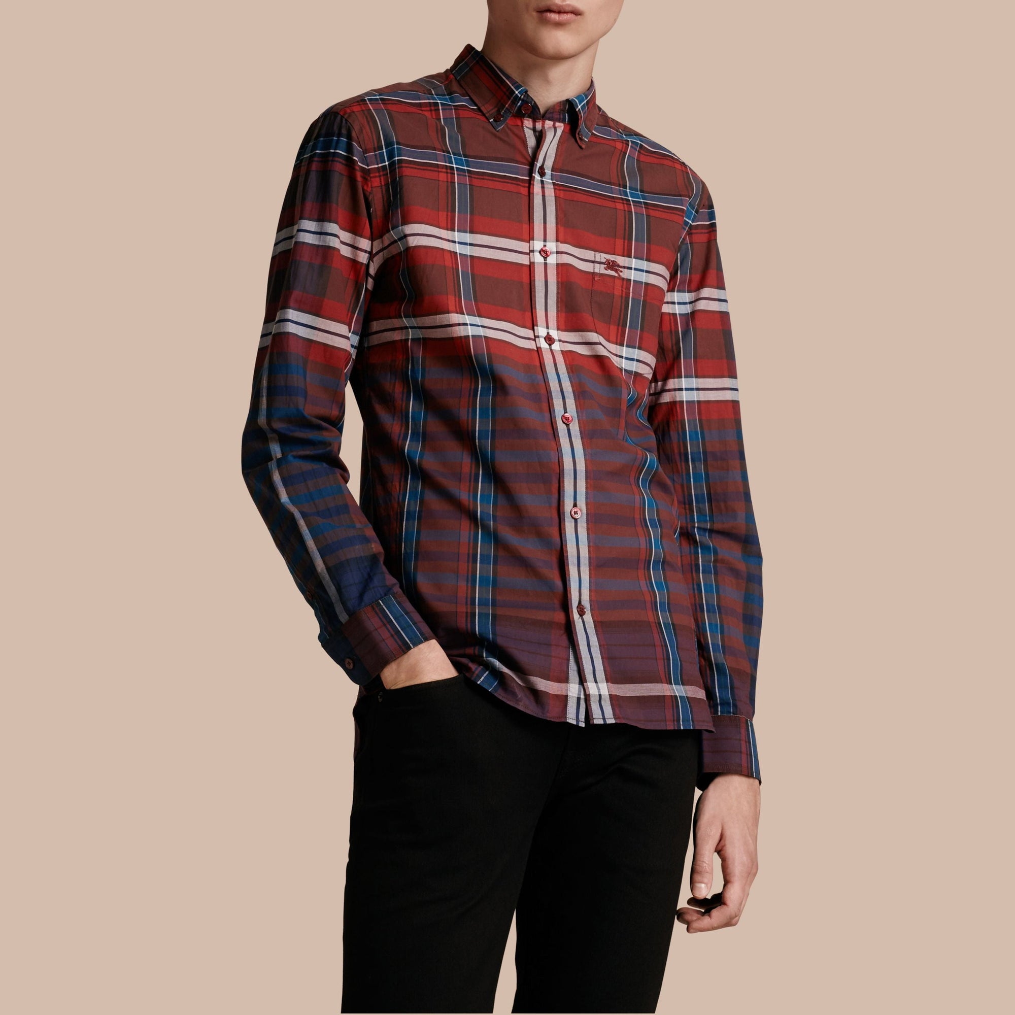 Chemise en coton à motif check avec col boutonné - Burgundy Red