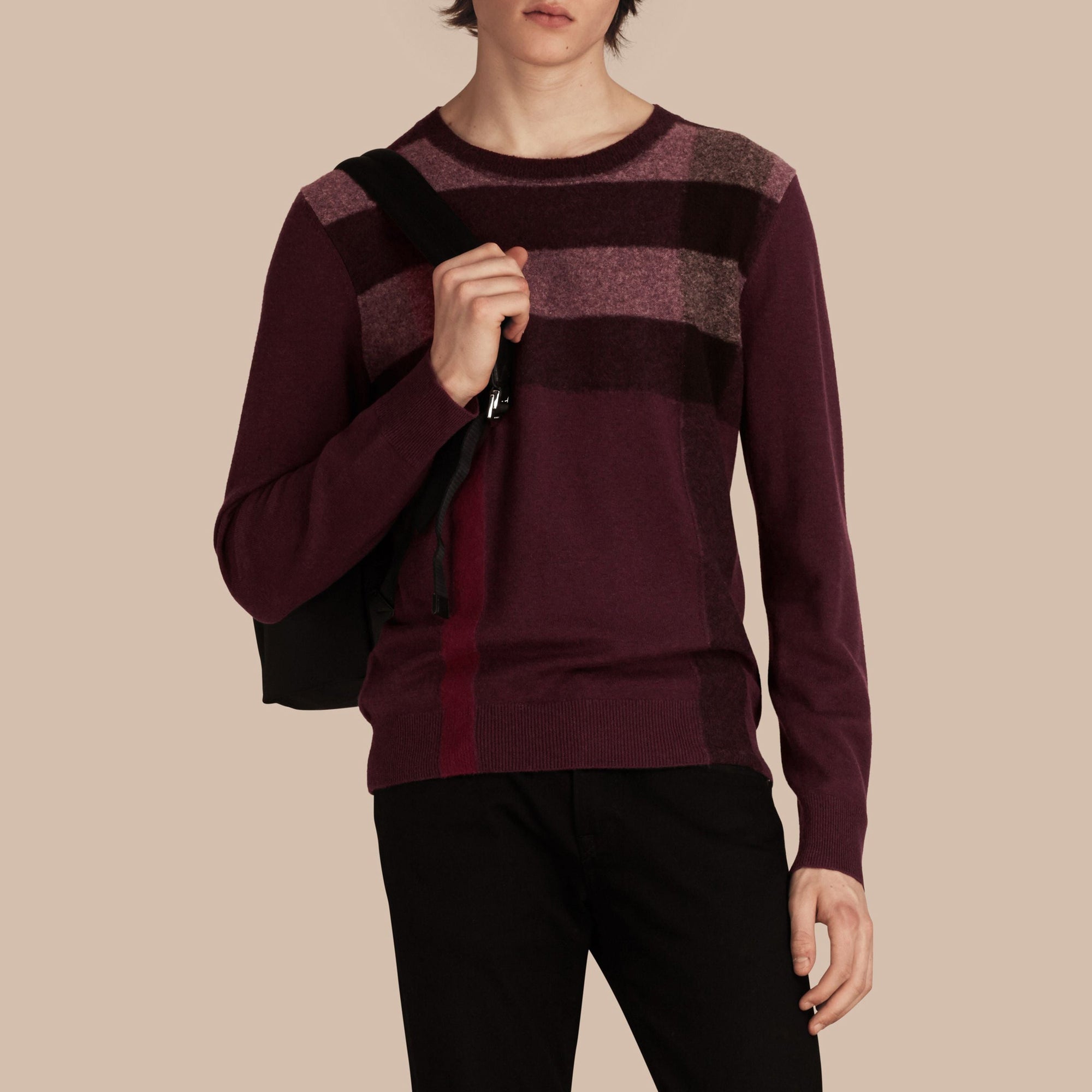 Pull en cachemire et coton à motif check graphique - Burgundy Red