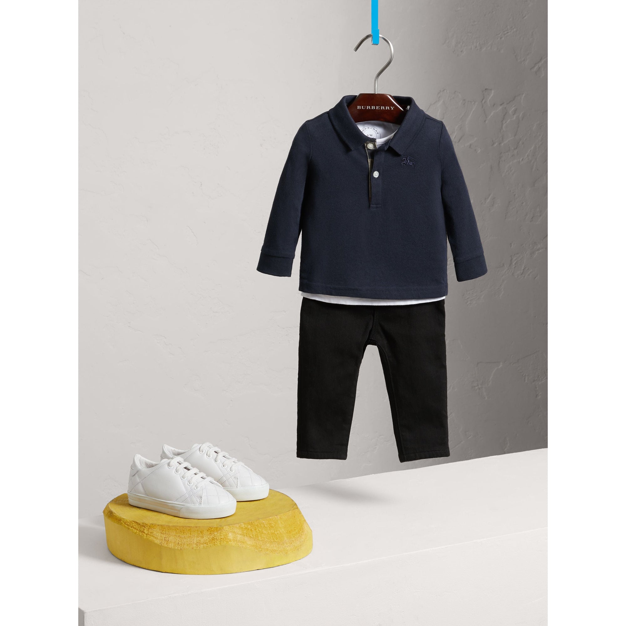 Polo à manches longues en coton avec éléments check - True Navy
